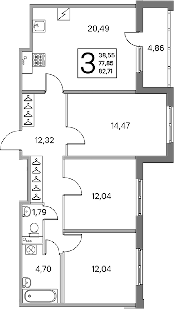 3-комнатная квартира 77.85 м², 1/5 эт., ЖК «ЮгТаун. Олимпийские кварталы»